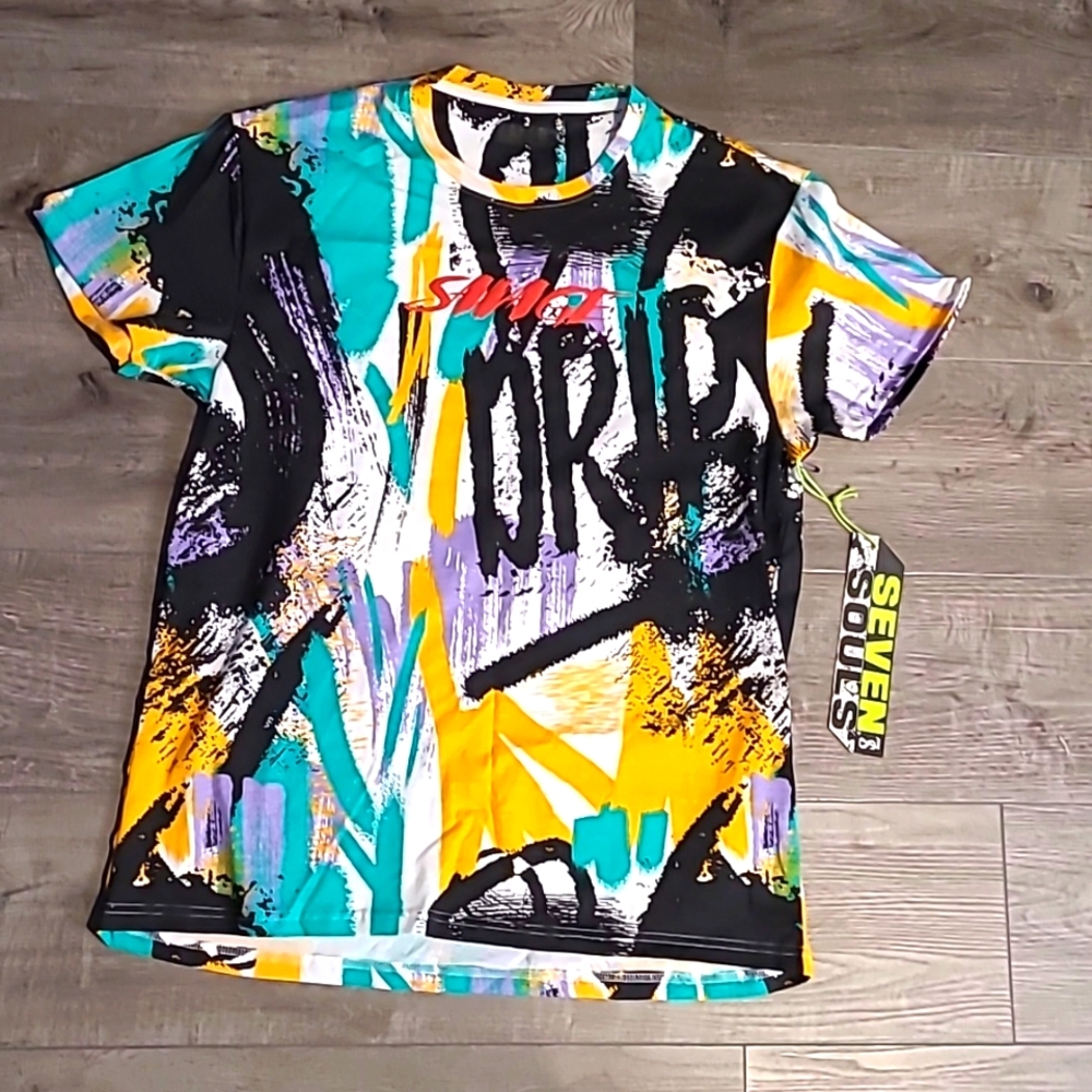 Men's Seven Souls shirt, size Large, colorful pattern, NWT.